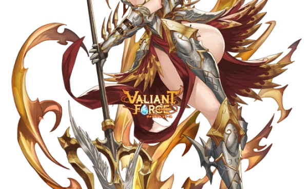 character art fomr Valiant Force video game showing a long eared pink skinned elf girl with armor on her head, shoulders, arms, and calves but none over her breasts or thighs, holding a large spear and jumping to the side with her breasts and torso at a 90 degree angle to her legs and one thigh pushed in and bent at the knee in a way that makes it look almost like from afar she has only one leg