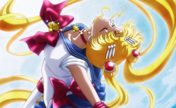 promo image from sailor moon crystal showing Usagi in a bent backwards boobs and butt pose with her legs kind of disconnected from her waist under her skirt