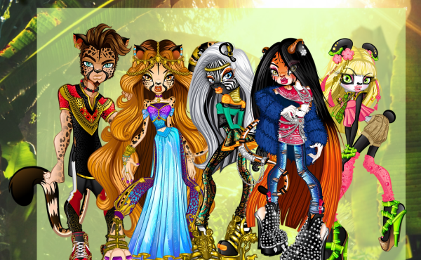 screenshot of wild childz website that has the various Wild Childz anthro animal girls with a panda with blonde hair, a leopard with black hair, a cheetah with brown hair, and a zebra girl with black around her nose and mouth with bright red lips, there is also a male wild cat character who does not have the noodle body that the women have