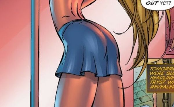 panel from Witchblade #2 showing a blonde woman in a green top with boobsocks and a blue short skirt holding onto a pole with her back arched over 90 degrees and rubbery but the rest of her not leaning in any way