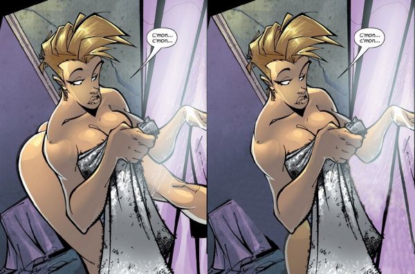 fix of the venom woman comic panel where she is no longer bent over wither her butt sticking out to put on her bath towel