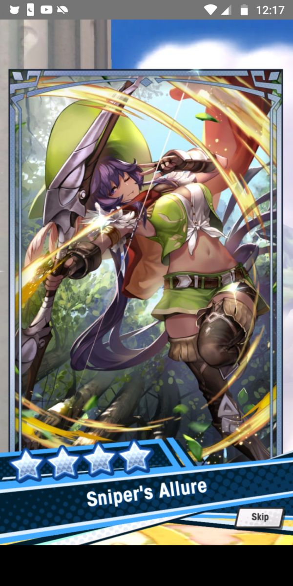 video game card art titled "Sniper's Allure" with busty archer woman wearing a green two-piece tied top and mini skirt combo twisting herself sideways while holding her bow out and giving the piece sign with her off hand