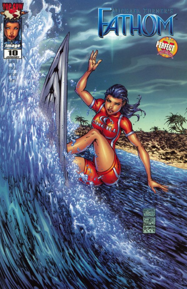 Cover of the comic book Fathom, a dark haired woman in a short-sleeved red watersuit is on a surf board against a wave, her left leg is disconnected from her body and her right thigh has phased into the surf board with no place that her leg could be