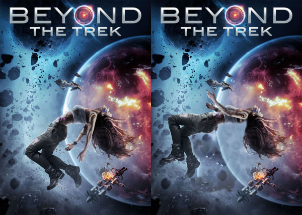 image comparing the original Beyond the Trek movie poster on the left and the redraw on the right where her back is less bent and her arms are held up to imitate floating in space rather than water