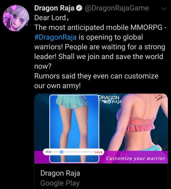 tweet from Dragon Raja account with a picture of a cgi woman's legs and skirt and her back with a slider that goes from "thin" to "sexy" and says "customize your warrior"