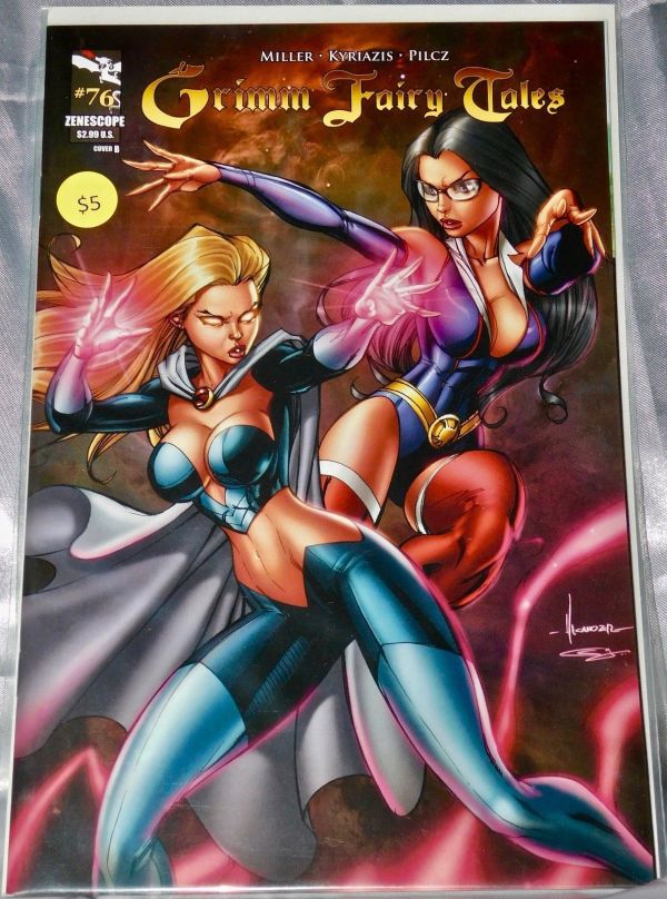 photo of Grimm Fairy Tales comic cover with a black haired woman and a white haired woman facing opposite directions and waving their hands, both are wearing cleavage exposing outfits, with cinched in waists and round floating breasts, the leg of the black haired woman is bending like plasticine 