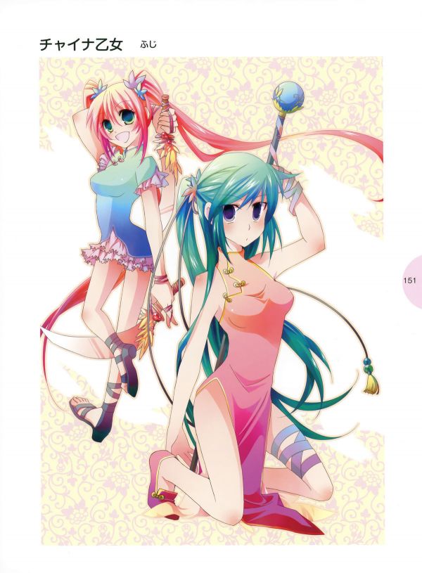 page from how to draw manga book with a green haired anime girl with boobsock dress at the front, kneeling with a weapon, at the back is a pink haired girl in a blue dress who appears to be facing us but her legs are turned as if she's running in the complete opposite direction