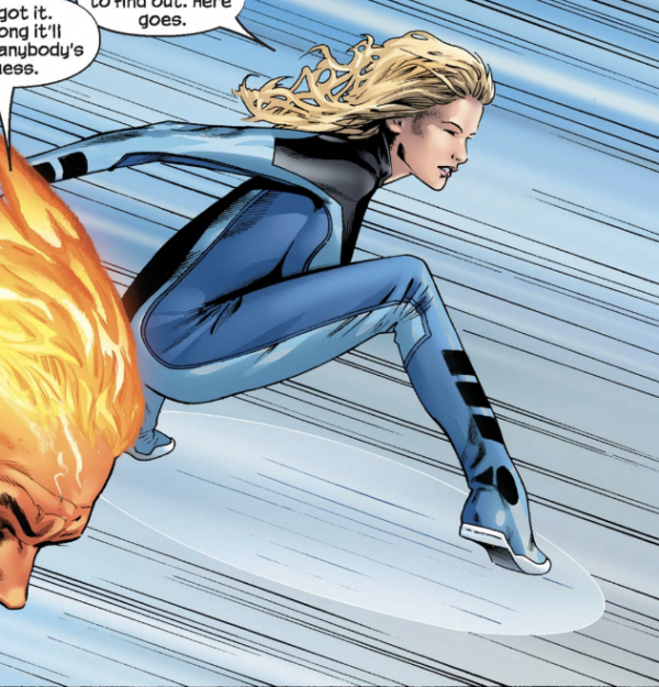 comic panel of Sue Storm bent with her leg touching her chest with no apparent pelvic region