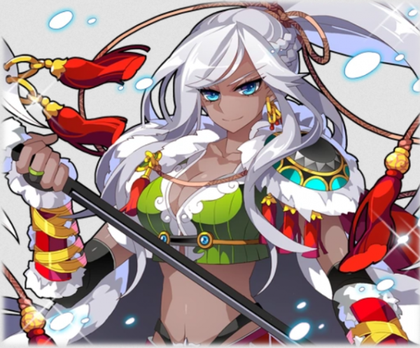 Aran from Maple Story in Fantasy War Tactics, white haired anime style girl wearing a green crop top for armor, her breasts pushed up in cleavage, her right shoulder appears separated from her body