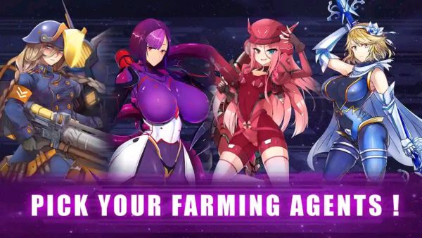 game advertising that says "Pick your farming agents!" with a blonde woman in a tight military outfit, a purple woman with boobsocks and giant breasts, a woman in red with small breasts, and a woman in blue with giant boobsocked breasts