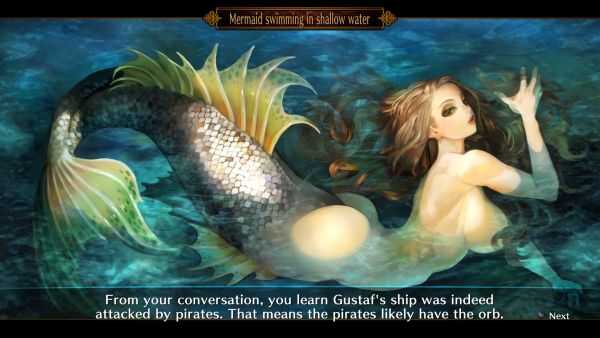 screenshot of "Mermaid swimming in shallow water" from video game Dragon's Crown, pale mermaid with a very curved back and her butt exposed with her tail coming out from between her human buttcheeks