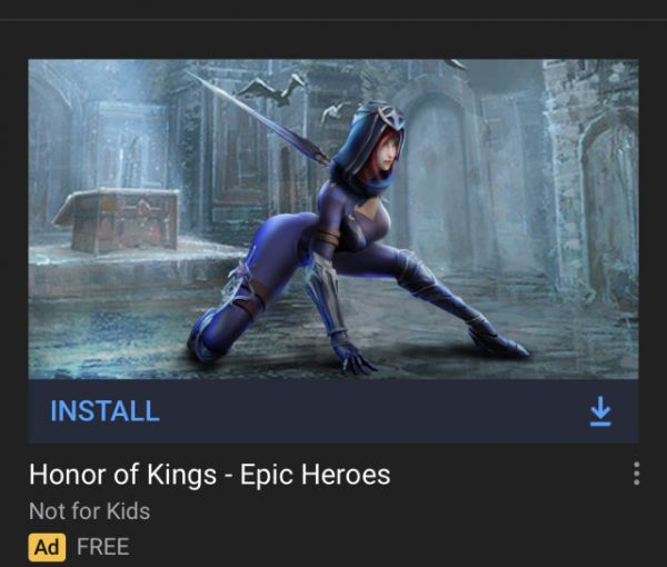 ad for "Honor of Kings - Epic Heroes" with an assassin in a hood and skin-tight outfit in a boobs and butt centaur pose