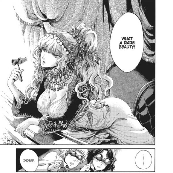 black and white manga panel of a woman lying on her stomach her breasts forward and both her ass cheeks visible in her dress