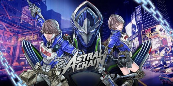 Astral Chain promotional art with a guy and girl character, the male character is in a heroic pose facing the audience, the girl who otherwise looks the same but in hot pants is in a boobs and butt pose