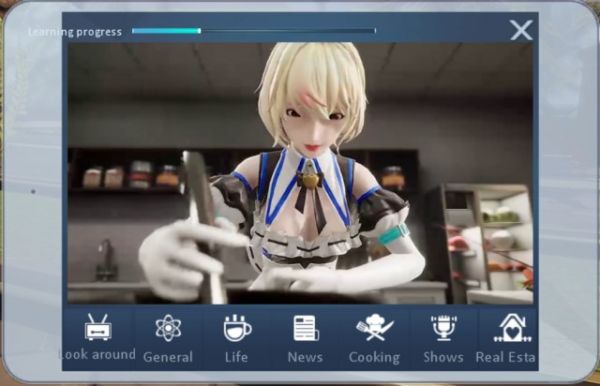 Screenshot from game "dragon raja" with a short-haired blonde girl cooking facing us with a boobwindow maid/school oufit 