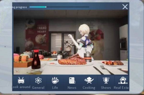 Screenshot from game "dragon raja" with a short-haired blonde girl cooking in profile with a boobwindow maid/school outfit