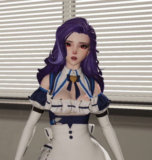 Screenshot from game "dragon raja" with a purple haired girl in the collared maid/schoolgirl outfit with a boobwindow, it looks like the ribbon across her chest is a strip of cloth with nothing underneath