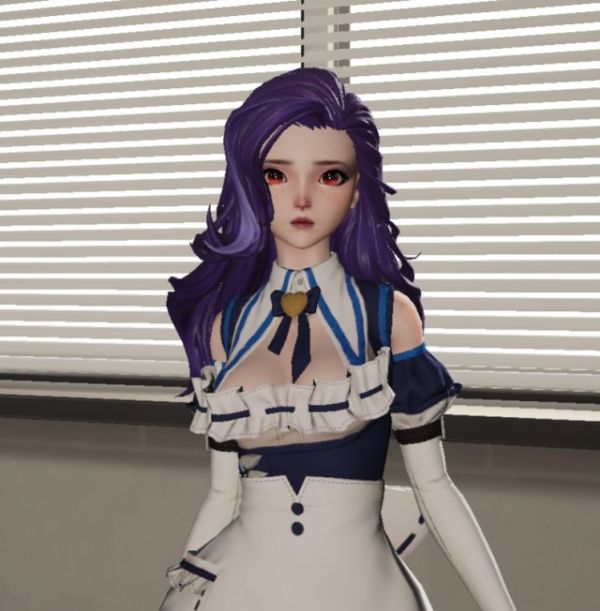 Screenshot from game "dragon raja" with a purple haired girl in the collared maid/schoolgirl outfit with a boobwindow, it looks like the ribbon across her chest is a strip of cloth with nothing underneath