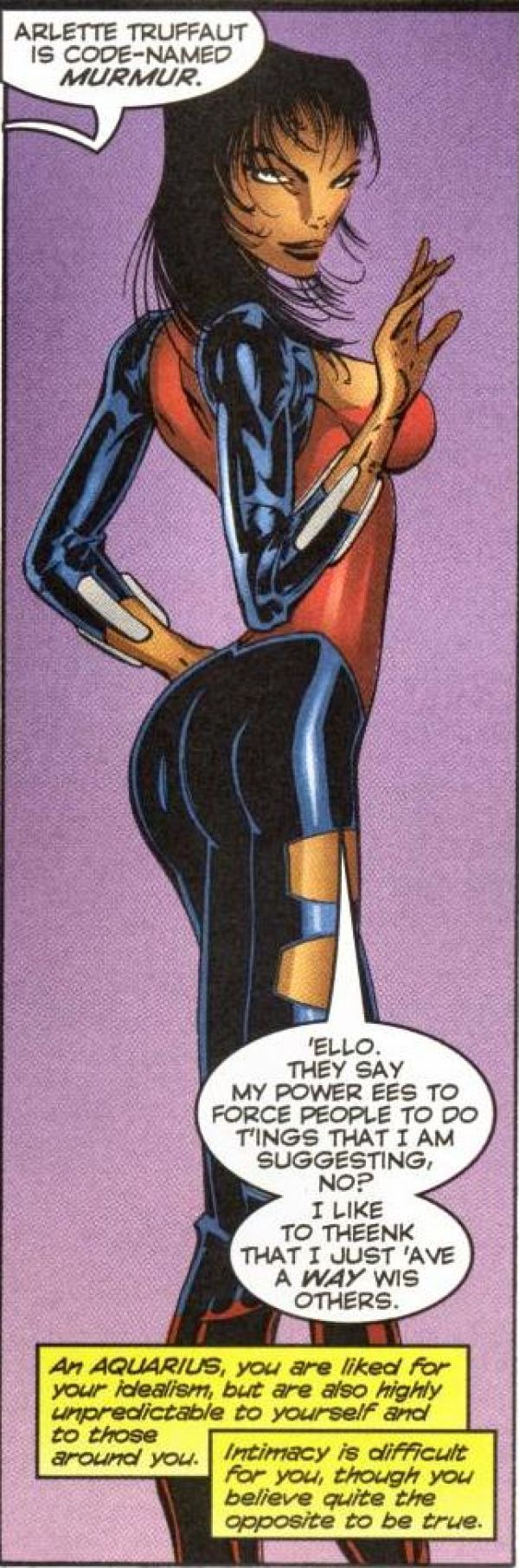 panel of Murmur from Alpha Flight Vol. 2 #1 talking in a bad French Canadian accent with vacuum sealed butt, rubber spine swayback and boobsocks