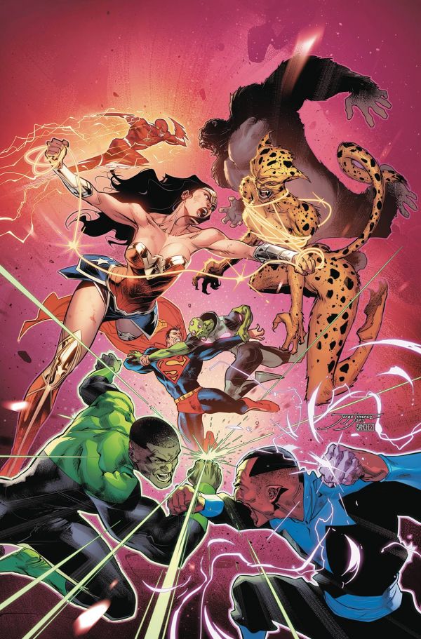 cover art of Justice League vol. 4 #25 with the Justice League fighting Gorilla Grodd Sinestro, Cheetah and others, Wonder Woman has Cheetah in her lasso and Cheetah's top and bottom seem disconnected doing a boobs and butt centaur pose