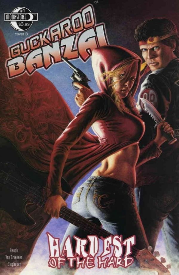 cover of Buckaroo Banzai comic with a blond woman in a hoodie that's clinging to her breasts and flying away otherwise, almost in a boobs and butt pose with her butt facing us while she holds a guitar