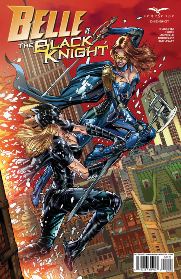 Belle vs the Black Knight One Shot cover with Belle (brunette superheroine) fighting the black knight (batman type blonde superheroine) who is in a boobs and butt pose