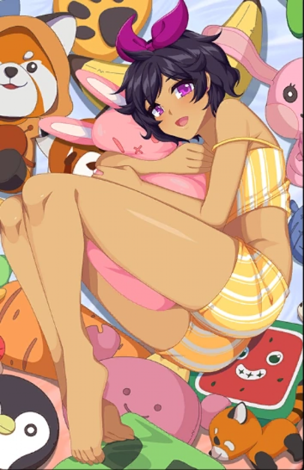 artwork from game "Crush Crush" with a short black haired woman in striped two piece pyjamas clutching a pillow with her butt facing us and seemingly one leg and buttcheek disconnected