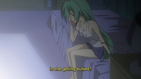 anime still of green haired woman in a dark bedroom sitting down with very very very stick thin legs