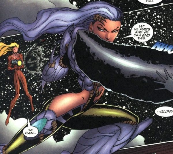 panel from Allegra #2, Image Comics, with a white haired girl in the foreground with a shadow or something shot at her covering her arm as she bends in a rubber curve showing the side of her butt and behind her a blonde woman in a red suit with her legs rubbery points a gun at her