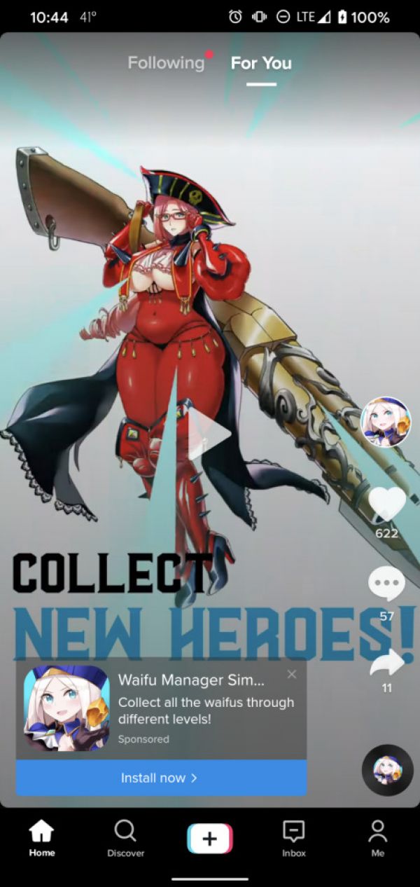 Ad for "Waifu Manager" game with text "Collect New Heroes" with a chubby anime girl with brunette hair in a red skintight bodysuit with an underboob window cut out in the centre and a black thong on top of the bodysuit, she also has a giant giant gun strapped to her back