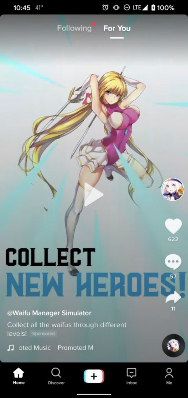 ad for "Waifu Manager" game that says "Collect New Heroes" with an anime style blonde girl in a purple bodysuit with white skirt and she has side boob in her bodysuit with holes on the side of her boobs and them being squeezed out as they fly into the air