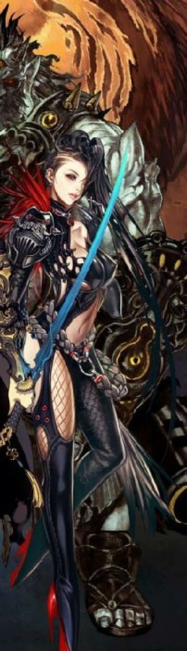 zoom of blade and soul wallpaper with a woman in black hair and bikini armor that hugs her nipples