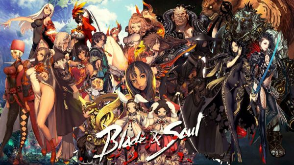 wallpaper promo of Blade & Soul with a lot of characters standing around, the women are in skimpy boobsock hugging clothes with rubber spine stances