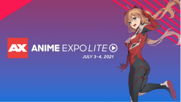 ad for Anime Expo Lite that has a red box with a large white AX in it as a logo and then "ANIME EXPO LITE" with the date "July 3-4, 2021" under, on the right of the text is a light brown haired anime girl in a grey and red bodysuit in a boobs and butt pose