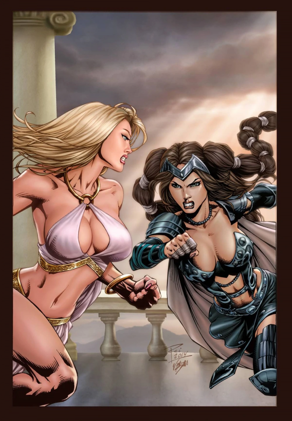 promo cover of Zenescope Godstorm Goddess Inc #4 with a blonde haired woman in a white bikini top rushing against a brunnette woman in dark bikini battle armor, the blonde woman's left leg is seemingly disconnected coming from off cover as it is drawn over top of her skirt