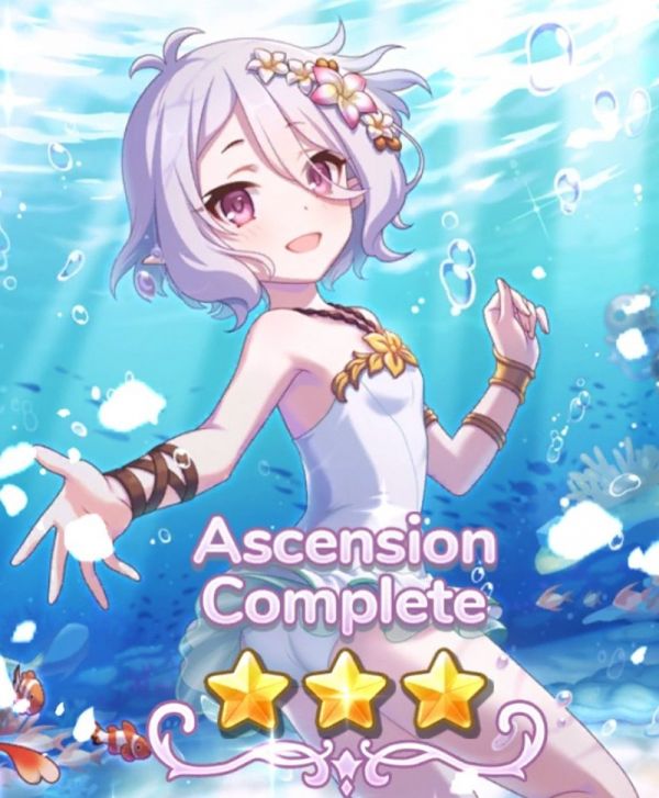 screenshot from Princess Connect Re:Dive of light purple haired anime girl in a white dress in a boobs and butt pose standing underwater