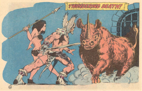 panel from old DC comic, Warlord, with a fantasy "barbarian" woman with black hair in a black bikini in a boobs and butt pose where her breasts are lopsided facing us in order to accomplish the pose, she is holding a spear, the titular Warlord is a man in a loincloth/shorts with big white winged helmet, he is holding a sword, they are facing some sort of rhinoceros fantasy monster with the text "Thundering Death!" on top