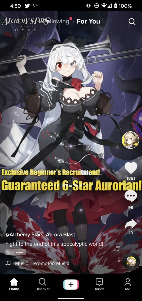 ad for Alchemy Stars: Aurora Blast showing a pale skinned anime girl with white hair and one red and one white eye, she is in a form fitting black dress with a big boob window showing cleavage and her breasts flying in the air, with the words "Exclusive Beginner's Recruitment! Guaranteed 6 Star Aurorian!"