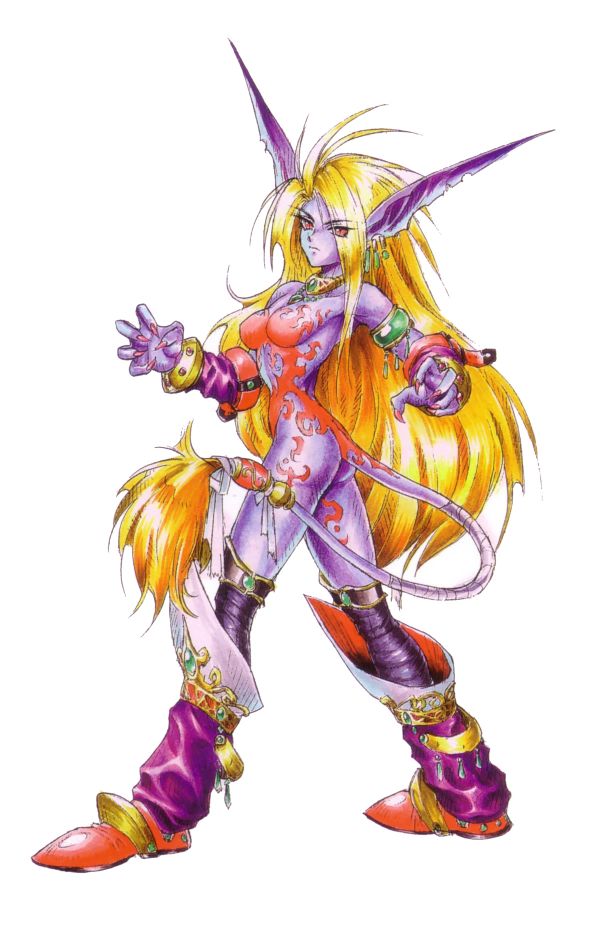 promo art of Breath of Fire 2's Katt as a Shaman, long blonde haired purple anime girl with long pointy ears with red colouring covering her breasts and side down to her butt, she is in a boobs and butt pose