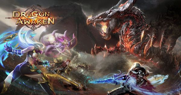 ad for Dragon Awaken of a bunch of characters fighting a giant dragon, the focus of the picture is the character on the bottom left which is a purple-white skinned elf girl with white hair wearing a purple face covering, wearing a two piece top and bottom, the bottoms of her breasts are covered in purple, the top is either covered with white fabric that looks like her skin or are bare without nipples, she is in a boobs and butt pose