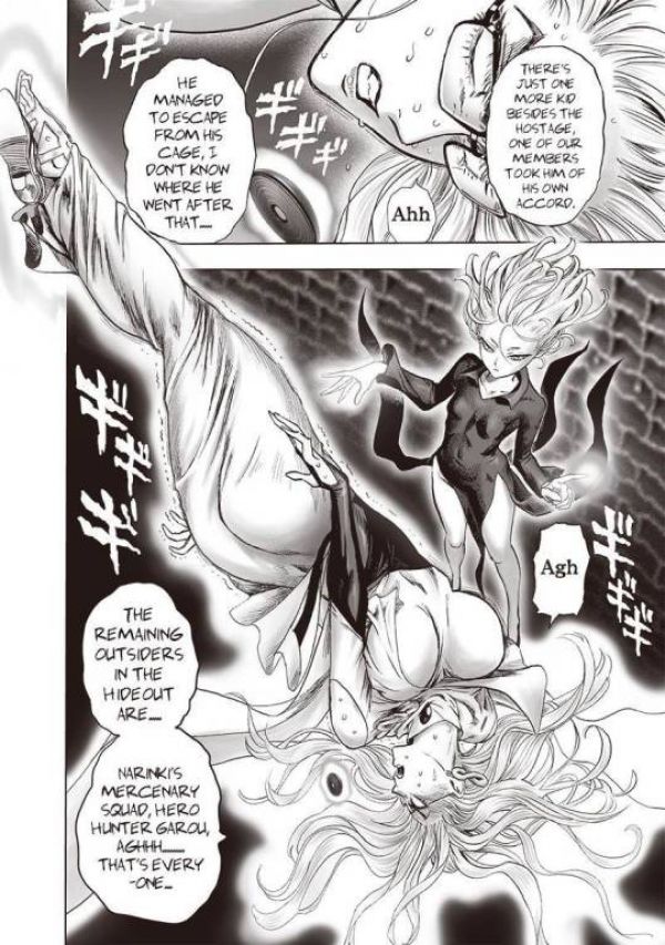 2 panel page from One Punch Man with a woman being tortured, twisted into a boobs and butt pose with her dress hugging her butt and her boobs in boobsocks flying down at her head saying: "There's just one more kid besides the hostage, one of our members took him of his own accord." "He managed to escape from his cage, I don't know where he went after that..." "Agh.  The remaining outsiders in the hideout are... Narinki's mercernary squad, hero hunter garou, aghh... that's every one."