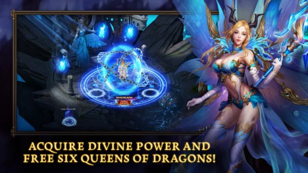 ad for queen of dragons with a blonde haired girl in a two piece blue outfit showing her breasts and stomach holding a wand, thrusting out her chest while pushing out her butt, her legs at a 45 degree angle with the text "Acquire Divine Power and Free Six Queens of Dragons"