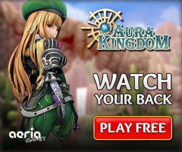 ad for "Aura Kingdom" game with the text "Watch your back" and "Play Free" with a CGI blonde anime-style girl with a green beret with her back to us tilting her shoulder but in an extremely twisted pose to show her butt (with her left butt cheek aligned with her right shoulder)