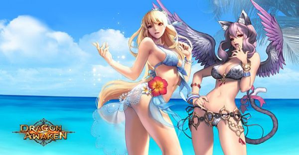 promotional image for Dragon Awaken with a blonde white woman in a blue bikini and standing in an extreme boobs and butt pose with a purple haired woman with cat ears and purple wings next to her