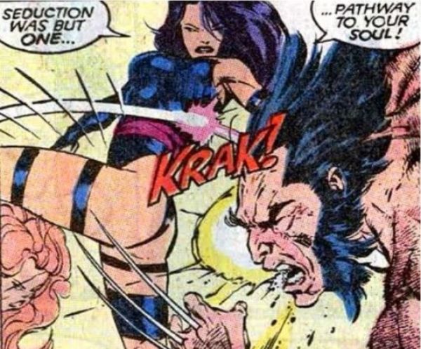 panel from X-Men #258 of Psylocke jump kicking Wolverine while she's in a boobs and butt pose with her saying "Seduction was but one pathway to your soul!"