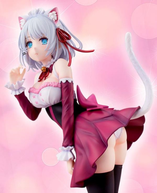 promotional image of statuette of Siesta from The Detective is Already Dead with cat ears and a red maid outfit with skirt standing in a boobs and butt pose with panties exposed