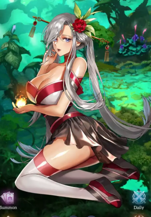 screenshot from idle angels with a long silver haired anime girl in a low cut red and white top and black skirt kneeling in a boobs and butt pose