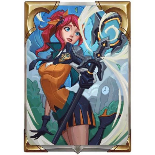 card art from Legends of Runeterra of Lux with red hair in a ponytail holding her staff wearing an orange and black private school type uniform, she is standing in a centaur pose with her back bent at 90 degrees