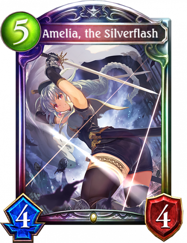 shadowverse card of Amelia the Silverflash, white haired girl holding a sword with the audience viewpoint up at her butt, she is in a boobs and butt pose