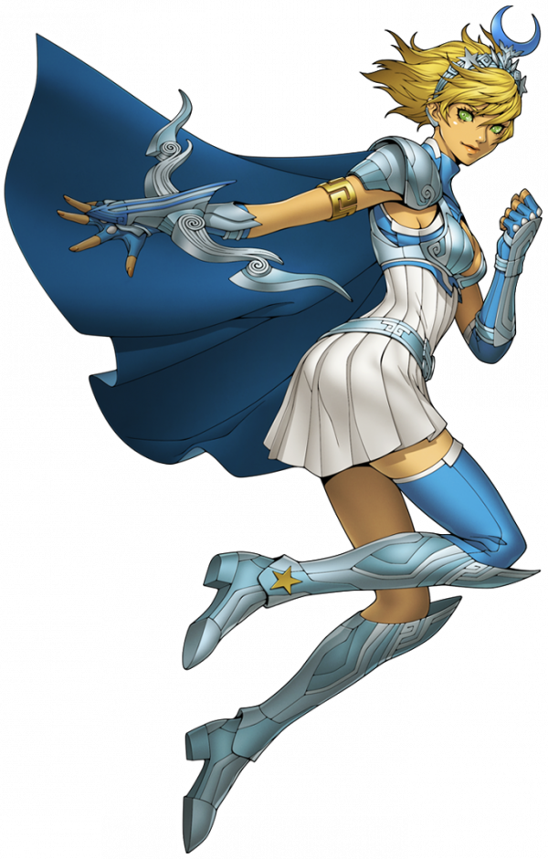 Artemis from Shin Megami Tensai, blonde white woman in blue shoulder, leg and chest armor in a white short dress jumping up with a bow on her right wrist guard, she is in a boobs and butt pose